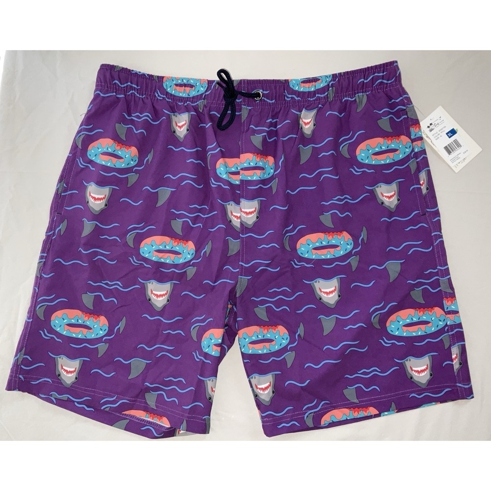NWT Men's U.S. Surf Club Oahu, Hawaii Shark Donut Floaty Purple Swim Trunks - XL
